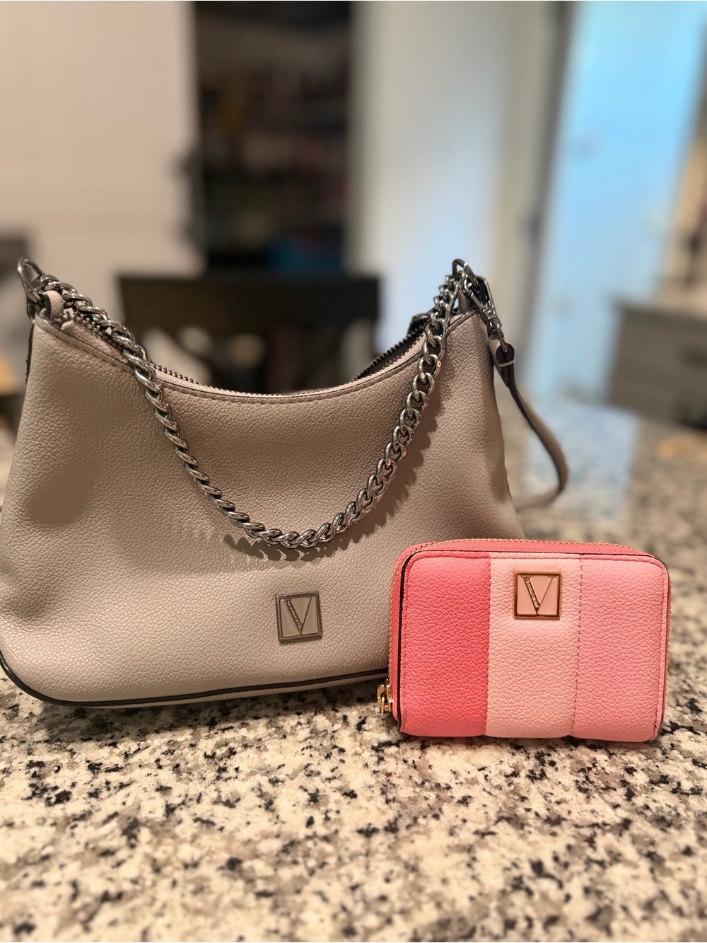 Victoria's Secret Gray Shoulder Bag with Pink Colorblock Wallet
